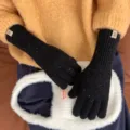 Damen lange Strickhandschuhe Winter warm Fünffinger meliert schwarz Wolle Handschuhe - Vollfinger / Meliertes Schwarz