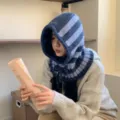 Striped knitted balaclava hat women autumn winter warm all-in-one thick windproof hood scarf. - M (56-58cm) / Blue