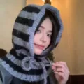 Grey and black striped knitted balaclava hood scarf for women, cozy winter warm hat. - M (56-58cm) / Black and Gray