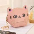 Detailed close-up view of the cute pink cat coin purse showing its zipper and attached golden key ring. - Pink