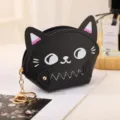 Cute black cat coin purse with zipper and keychain, mini portable earphone pouch for daily use. - Black