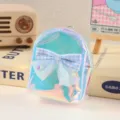 Holografischer Mini-Rucksack-Münzbeutel mit süßer Karoschleife für Kopfhörer und Schlüssel. - Irisierendes blaues Kleingeldtäschchen mit Schleife