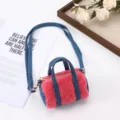 Mini plush cylinder crossbody bag detail, pink sherpa fabric with denim strap, cute style. - Pink