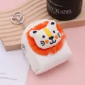 Cute mini plush lion backpack coin purse with keychain, portable PU leather zipper pouch. - White Little Lion
