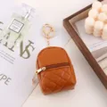 Mini backpack keychain coin purse, cute portable earphone storage bag, brown quilted design. - Brown