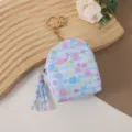 Cute cartoon flamingo mini backpack coin purse with tassel and keyring, stylish and portable. - Light Blue Striped Flamingo