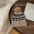Kids winter retro knitted beanie hat with plush pom-pom, cozy warm ribbed cuff detail. - Hat / Khaki