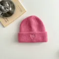 Cute pink knitted beanie for kids with heart embroidery, cozy winter warm casual knit hat. - Pink Hat