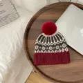 Winter kids knitted beanie hat with red pom-pom retro pattern warm children warm headwear - Hat / Burgundy
