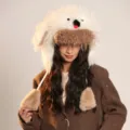 Joli bonnet cache-oreilles chien duveteux hiver chaud pelucheux drôle design animal mode - Chapeau / Blanc