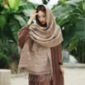 Women imitation cashmere autumn winter warm scarf retro paisley tassel outdoor cape - Camel
