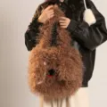 Sac à main en peluche chien bouclé marron duveteux hiver mignon drôle design fourre-tout - Sac / Kaki