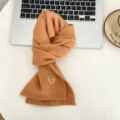 Kids brown knitted scarf with cute white heart embroidery, soft winter warm neck warmer for kids. - Ginger Yellow Scarf