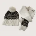 Kinder Winter Strickmütze und Schal Set, vintage nordisches Muster warmer 2er Pack. - Mütze Schal Set / Beige