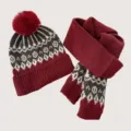 Kids winter knit hat and scarf set warm retro geometric beanie cozy weather gear - Hat Scarf Set / Burgundy