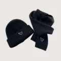 Kids black knit beanie hat and scarf set featuring cute white heart embroidery for winter. - Black Hat & Scarf Set