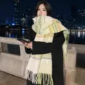 Bufanda de invierno a cuadros con degradado y flecos suaves, cálida y elegante. - Amarillo Colorblock