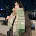 Bufanda de invierno estilo coreano cálida a rayas bloque de color cachemira flecos mujer. - Verde Color-Block