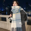 Winter gradient plaid scarf for women, cozy cashmere-feel warm tassel shawl and neck warmer. - Light Blue Patchwork