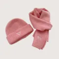Kids pink knitted beanie hat scarf and gloves set with cute heart embroidery for autumn and winter. - Pink Hat & Scarf Set
