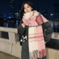 Women winter gradient plaid scarf warm soft imitation cashmere tassel shawl casual neckerchief - Pink Patchwork