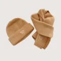 Kids Winter Knit Beanie Hat and Scarf Set in Camel with Cute White Heart Embroidery - Ginger Yellow (Hat & Scarf Set)