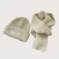 Kinder Winter Strickmuetze und Schal Set suesse Katzen Stickerei beige Wolle warm - Mütze Schal Set / Creme