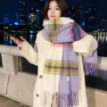 Women color block gradient winter scarf cozy cashmere feel tassel warm wrap shawl outfit - Purple Patchwork