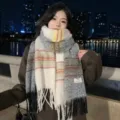 Winter women's gradient color-blocked fringe scarf, cozy imitation cashmere warm neck wrap. - Black Color Block