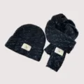 Kinder Wollmütze und Schal Set, warme Winter Strickmütze mit Schal schwarz weiß meliert. - Schwarz