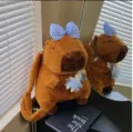 Precioso bolso capibara de peluche marrón con lazo azul para estudiantes y niñas - Azul Cerdito Loli