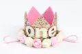Diadema con corona dorada brillante para el primer cumpleaños de bebé con rosas - Número ONE / Oro claro
