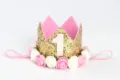 Diadema de corona de primer cumpleaños con purpurina dorada y rosas rosas y blancas - Número 1 / Cian Dorado