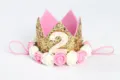 Adorable diadema de corona de cumpleaños para bebé dorada con rosas y el número 2 - Número 2 / Cian Dorado