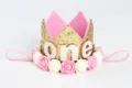 Diadema de corona de cumpleaños con purpurina dorada y rosas para primer cumpleaños - Número ONE / Cian Dorado