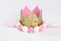 Diadema de corona con purpurina dorada y rosas rosas y blancas para fiesta de bebé - VACÍO / Cian Dorado