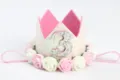 Diadema con corona de purpurina para cumpleaños con rosas rosas y número 3 - Número 3 / Blanco Bicolor
