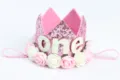 Diadema con corona de cumpleaños para bebé rosa con purpurina, rosas y texto 'one' - Número ONE / Rosa bicolor