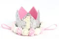 Diadema corona bebé purpurina plateada con rosas rosas y blancas para 1er cumple - Número 1 / Plateado