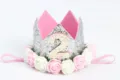 Diadema corona de plata para el segundo cumpleaños con rosas rosas y blancas - Número 2 / Plateado
