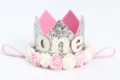 Corona brillante de primer cumpleaños con diadema de flores para bebés niñas - Número ONE / Plateado