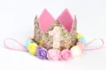 Diadema corona dorada con purpurina para primer cumpleaños con rosas de colores - Número 1 / Oro Claro Arcoíris