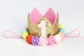 Diadema de corona de primer cumpleaños de purpurina dorada con rosas de colores - Número 1 / Oro Cián Arcoíris