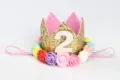 Diadema corona de cumpleaños para bebé dorada con rosas coloridas y el número 2 - Número 2 / Oro Cián Arcoíris
