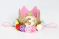 Diadema corona de cumpleaños infantil con purpurina dorada y rosas - Número 3 / Oro Cián Arcoíris