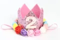 Elegante diadema de corona de flores rosa con purpurina para el 2º cumpleaños infantil - Número 2 / Rosa Multicolor