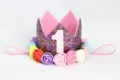Diadema corona brillante de 1er cumpleaños con flores de colores para bebé niña - Número 1 / Rosa Rojo Arcoiris