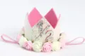 Diadema con corona de 1/2 cumpleaños rosa para bebé con flores artificiales decorativas - Número 1/2 / Blanco Bicolor