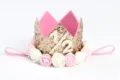 Diadema de corona de 1/2 cumpleaños de bebé dorada con flores de espuma rosas y blancas - Número 1/2 / Oro Claro Bicolor