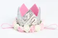 Diadema corona con purpurina para bebé con signo 1/2 y rosas blancas y rosadas suave - Número 1/2 / Plateado bicolor